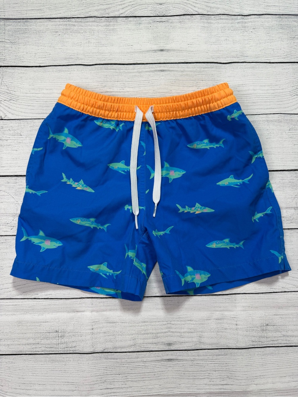 Chubbies Kids Youth XS 6/7 Swim Trunks Blue Shark Print Orange Summer Vacation